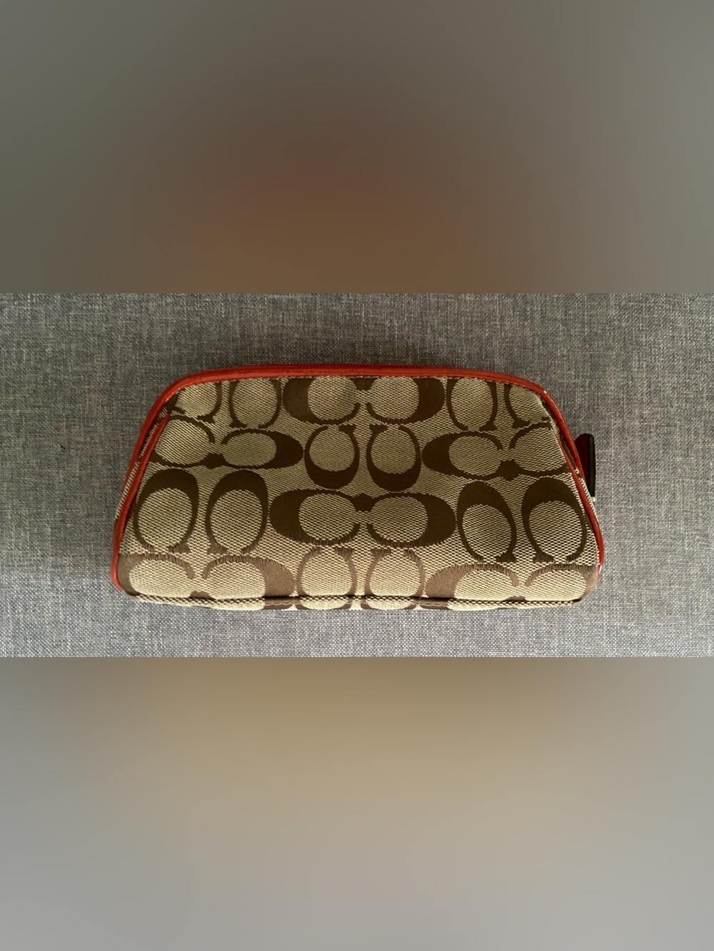 Coach Signature Canvas Cosmetic Pouch in Tan with Orange Trim - Picture 3 of 9